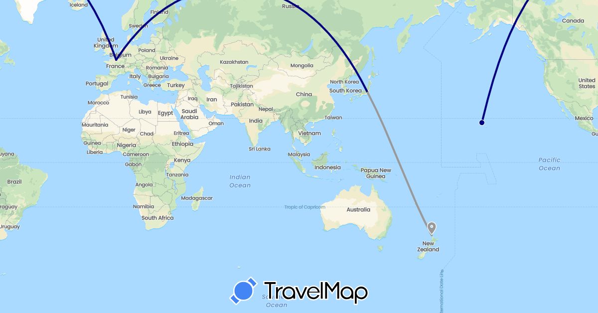 TravelMap itinerary: driving, plane in France, Japan, New Zealand, United States (Asia, Europe, North America, Oceania)